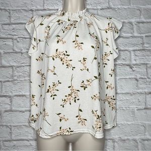 Melloday Floral Mock Neck Blouse Top Women’s S Cream Smocked Flutter Sleeve